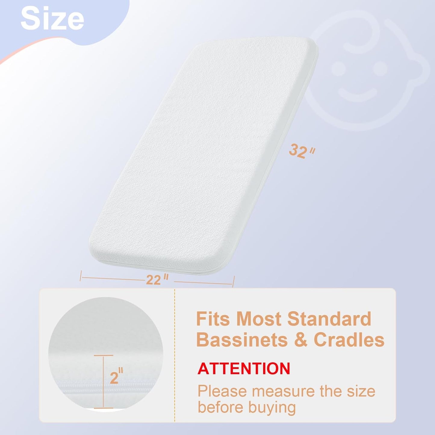 NeoBorn Baby Bassinet Mattress Pad, 32" x 22" Dual Sided Comfort Gel Memory Foam Mattress with Removable Soft Tencel Cover Fit for Fodoss Bassinet