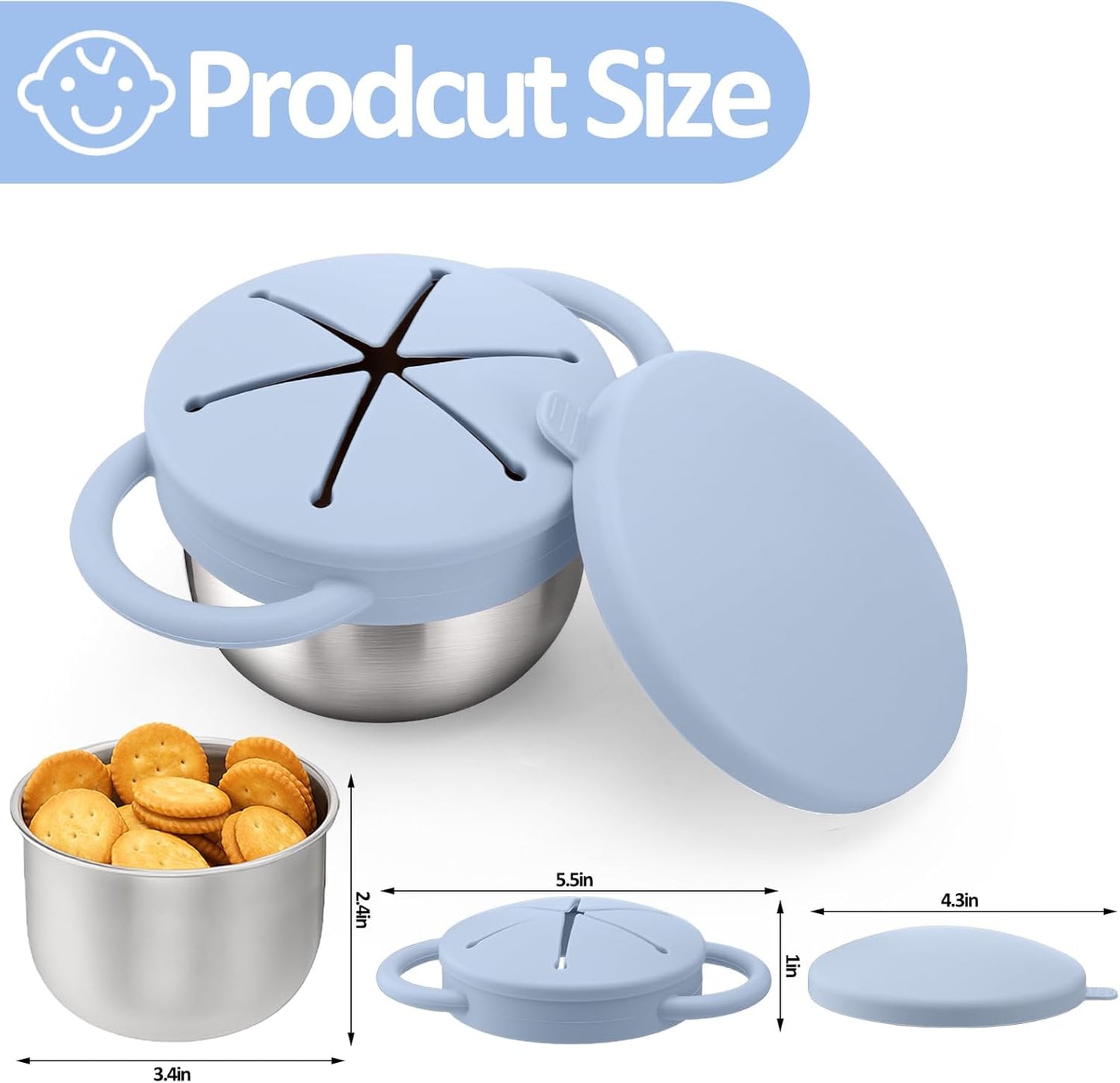 BUSOHA 2 Pack Stainless Steel Toddler Snack Cups - 9 OZ Spill-Proof Baby Snack Containers with Silicone Catcher and Lid Travel Snack Containers for Kids Food Grade Silicone Dishwasher Safe