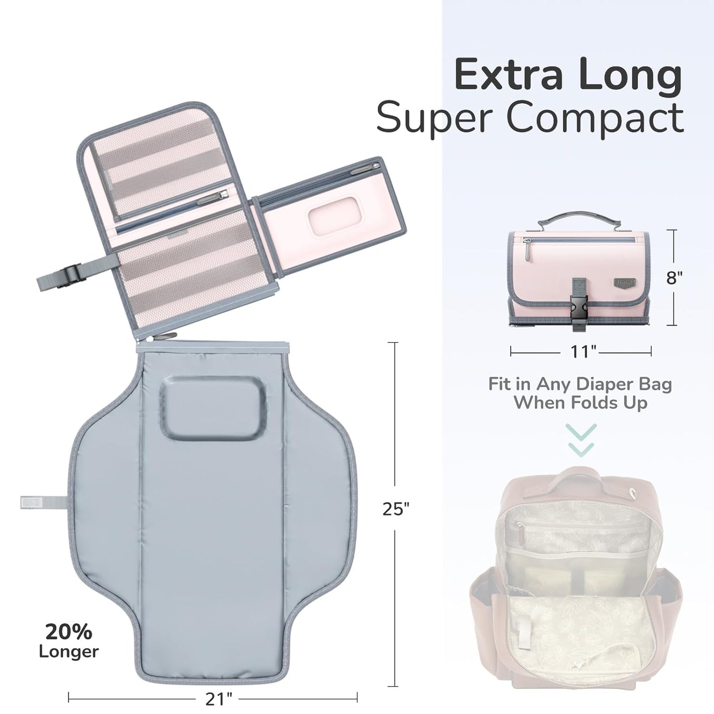 Portable Diaper Changing Pad with Shoulder Strap, Detachable Travel Changing Pad with Baby Wipes Pocket, Gifts for Baby Shower, Newborn Girls and Boys (Pink)