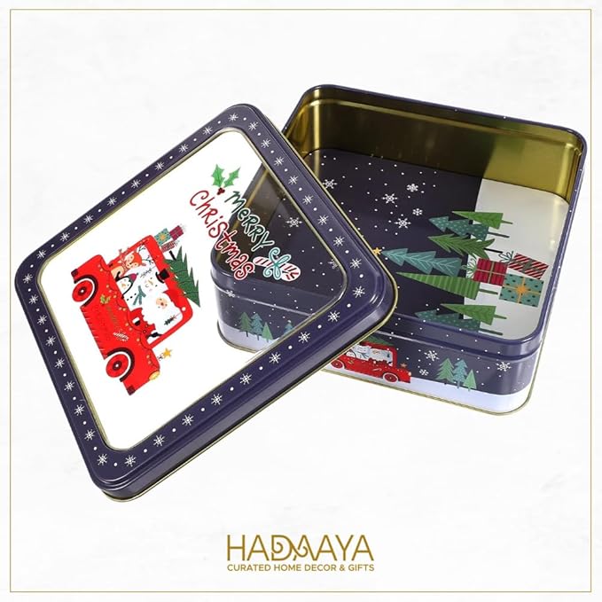 Metal Cookie Tin with Clear Lid – Square Multipurpose Storage Container for Kids' Cookies, Candy, Brownies, Snacks, Chocolate Cake, Crafts – Ideal for Parties & Gift Giving – Blue Snowflake Design