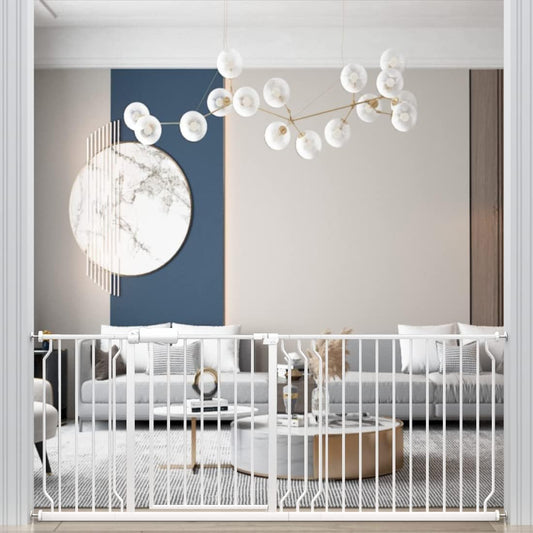 WAOWAO Baby Gate 76.38-81.07" Extra Wide Pressure Mounted Walk Through Swing Auto Close Safety White Metal Toddler Kids Child Dog Pet Puppy for Stairs,Doorways,Kitchen
