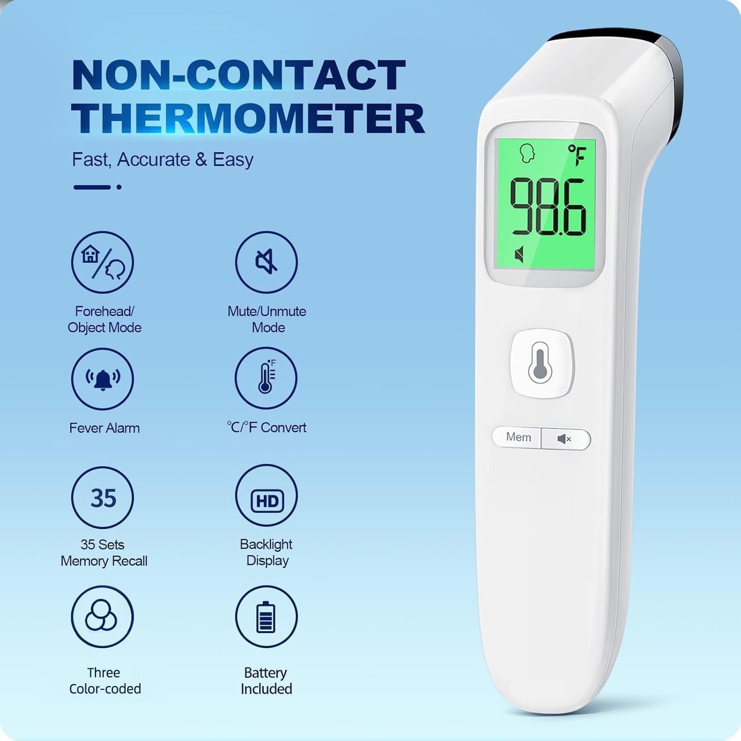No-Touch Thermometer for Adults and Kids, Accurate Digital Baby Thermometer, Fever Alarm & Silent Mode, 2 in 1 Forehead & Object Mode