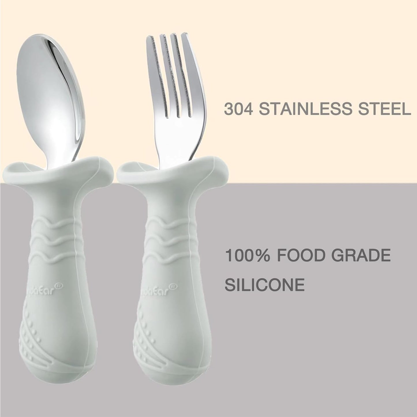 PandaEar Baby Toddler Fork and Spoon Utensil Set, 6 Pack Silicone Stainless Steel Silverware Spoon Fork for Babies Toddler, BPA Free with Silicone Holding Anti-Choke Design (Light Tan&Walnut&Grey)