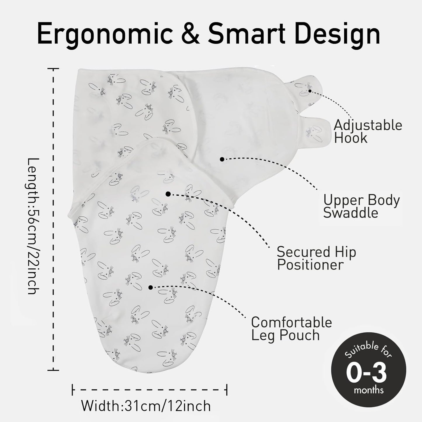 GLLQUEN BABY 3 Pack Newborn Swaddle - Baby Swaddle 0-3 Months for Baby Boys and Grils, Adjustable Sleep Sack for Newborns, Stripes & Bunnies, Swaddling Blankets