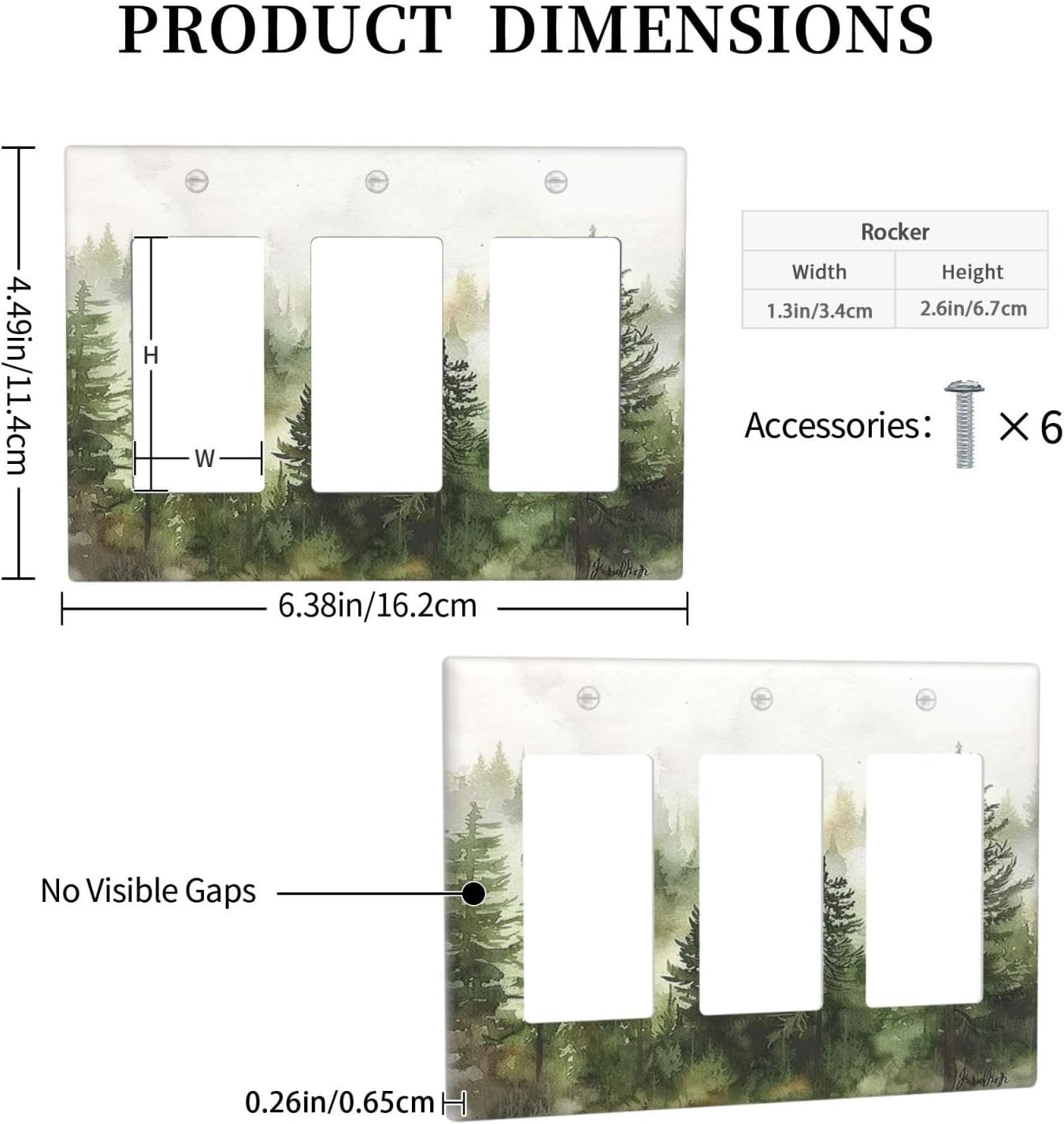 Light Switch Covers Green Forest Watercolor Painting Foggy Pine 3 Gang Rocker Electrical GFCI Decorative Triple Outlet Wall Plate Cover Switchplate for Bedroom living Room Decor
