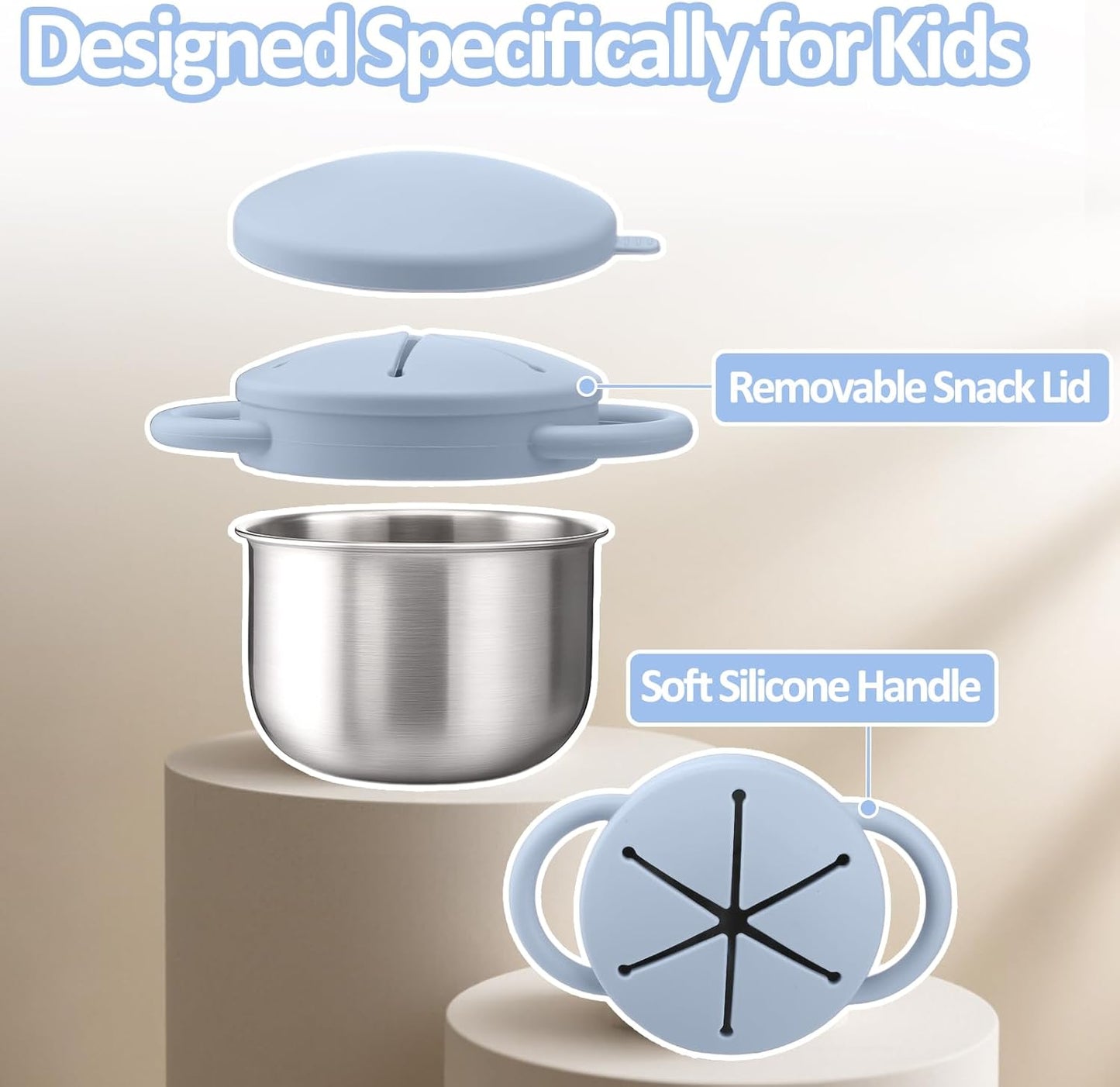 BUSOHA 2 Pack Stainless Steel Toddler Snack Cups - 9 OZ Spill-Proof Baby Snack Containers with Silicone Catcher and Lid Travel Snack Containers for Kids Food Grade Silicone Dishwasher Safe