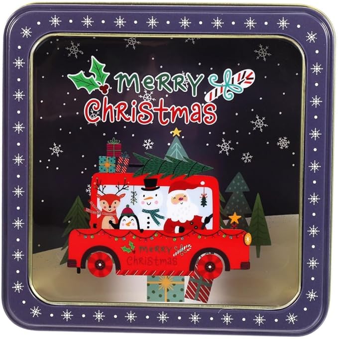 Metal Cookie Tin with Clear Lid – Square Multipurpose Storage Container for Kids' Cookies, Candy, Brownies, Snacks, Chocolate Cake, Crafts – Ideal for Parties & Gift Giving – Blue Snowflake Design