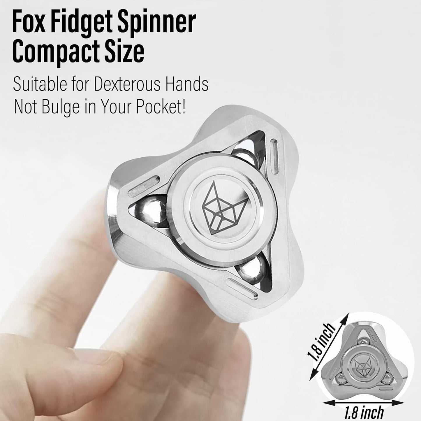 FREELOVE Upgraded Fox Metal Fidget Spinner for Adults, Steel/Glow Balls Clicking Noise, Mini Small Tiny Pocket Tri Finger Gyro, Long Spinning Premium Bearing Toy, Stainless Steel CNC, Silver