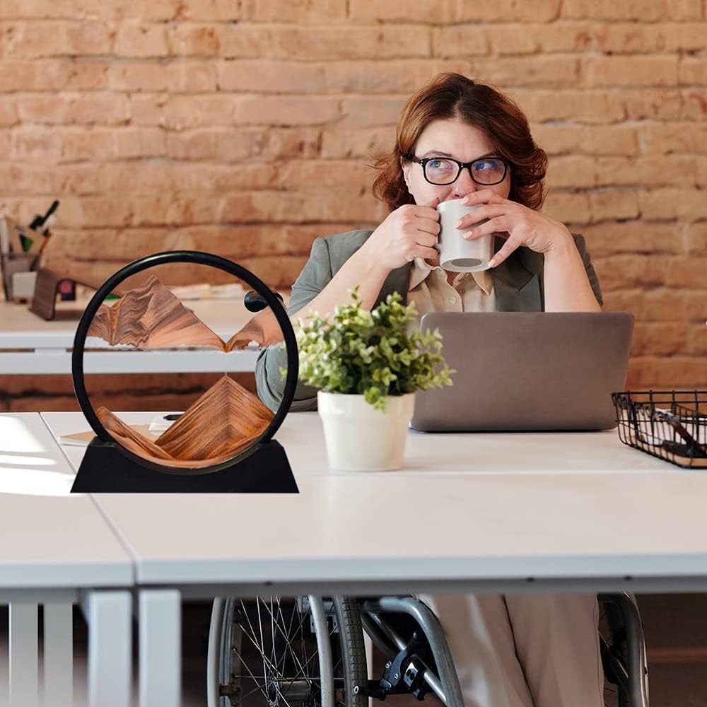 Aoderun Moving Sand Art Picture Round Glass 3D Deep Sea Sandscape in Motion Display Flowing Sand Frame Relaxing Desktop Home Office Work Decor (7", Orange)