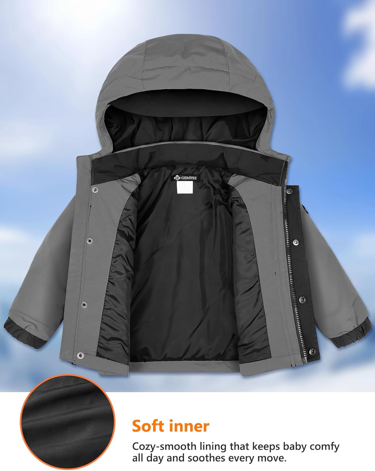 GEMYSE Toddler Boys Winter Coat Waterproof Ski Snow Jacket with Hood Thicken Warm Baby Jacket Outerwear