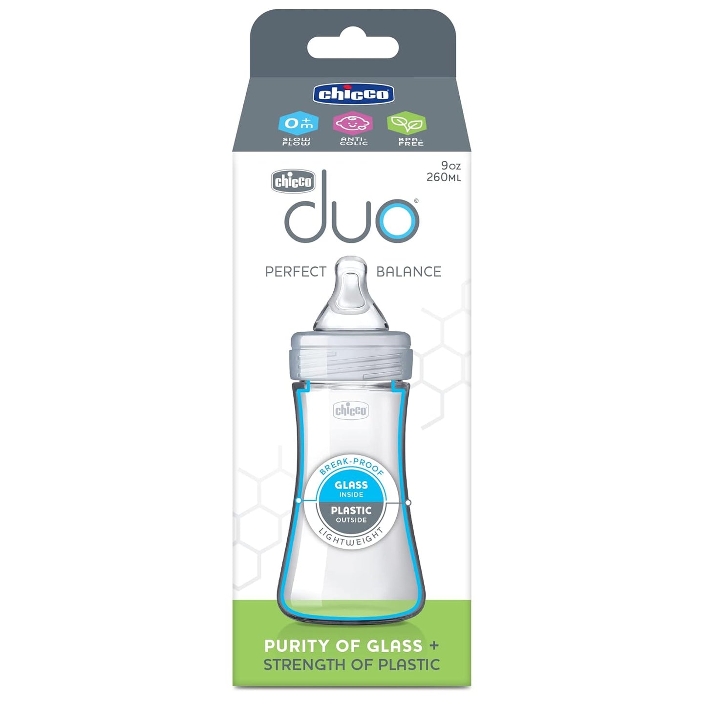 Chicco Duo 9oz. Hybrid Baby Bottle with Invinci-Glass Inside and Plastic Outside | Dishwasher, Bottle Warmer, and Electric Sterilizer Safe | Intui-Latch Nipple | Clear/Grey