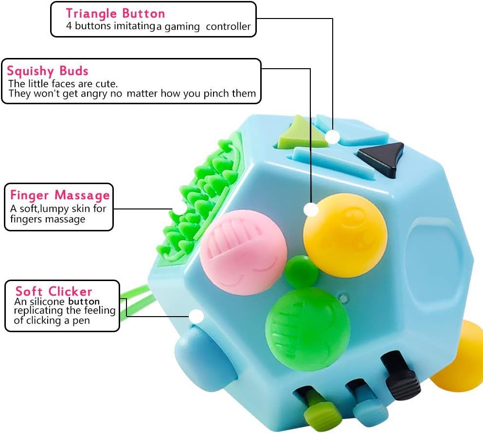 12 Sided Cube Toys,Fidget Toys Relief Stress and Anxiety Depression Anti for Kids and Adults with ADD, ADHD, OCD, Autism(Blue & Mix Colors B3)