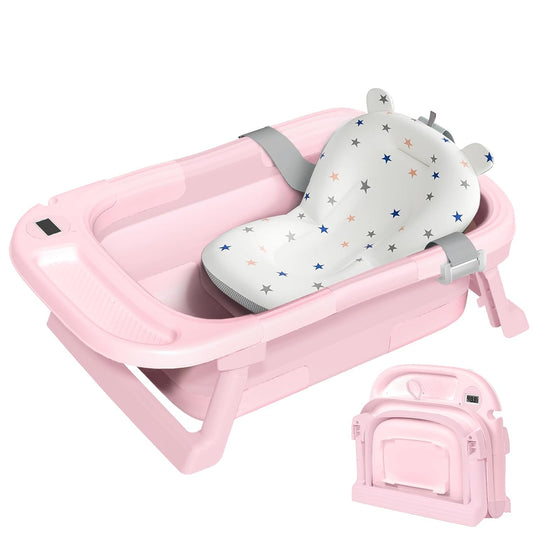 Collapsible Baby Bathtub,Baby Bath Tub with Thermometer & Soft Cushion,Baby Bathtub for Newborn to Toddler 0-36 Months,Portable Travel Baby Tub with No-Slip Feet,Baby Shower Gifts,Pure Pink