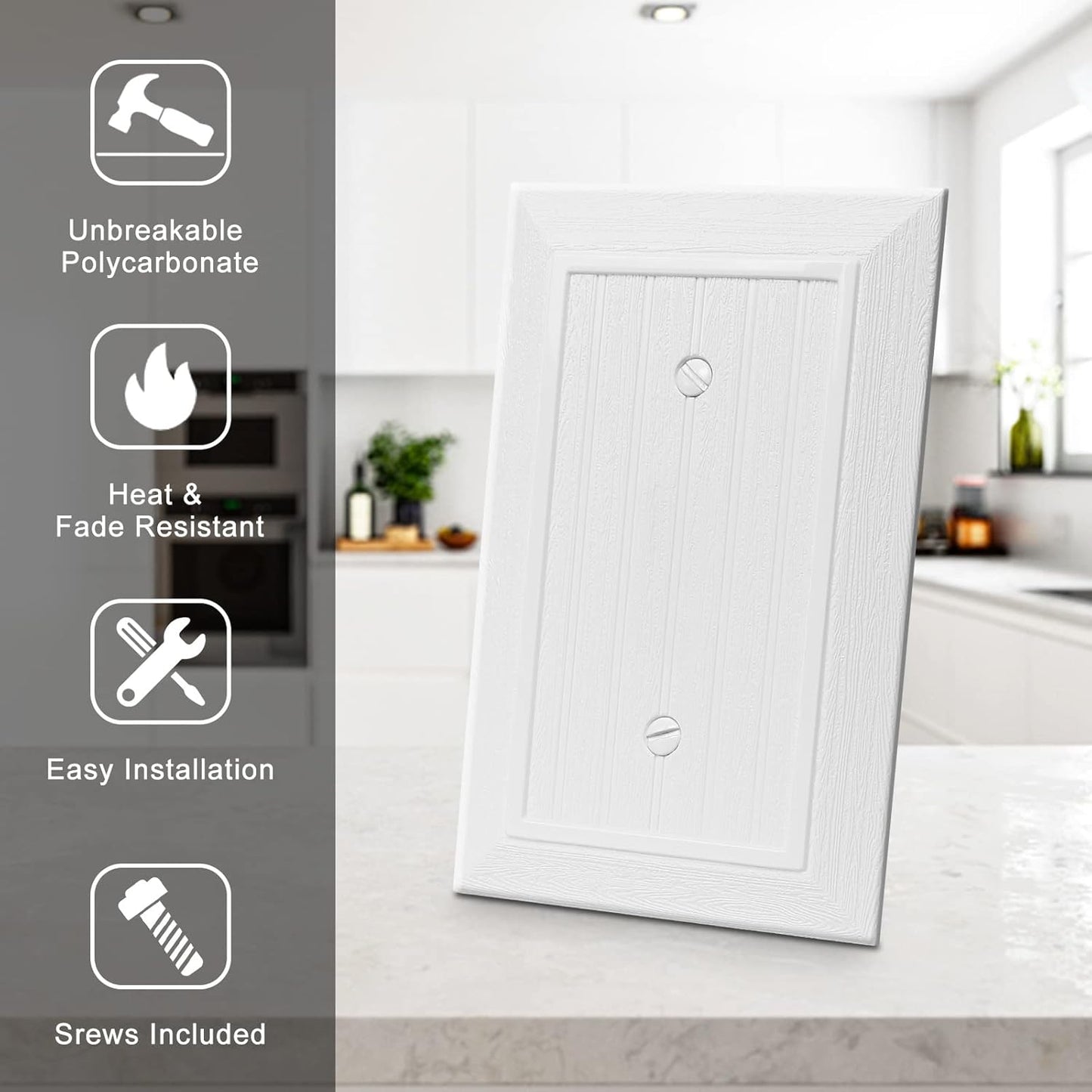 Modern Decorative Wall Plate Switch Plate Outlet Cover, Vintage Retro Wood Grain Design(Single Blank-10 Pack, White)