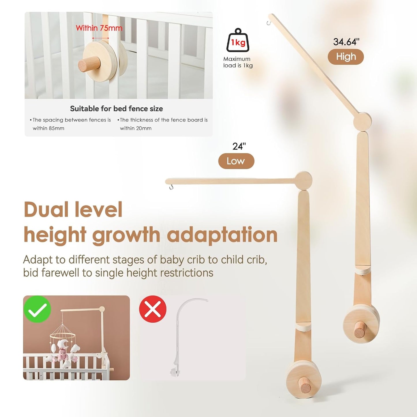 HI BABY MONMENT Crib Mobile Arm - Baby Mobile Hanger with 2-Height Settings Adjustable, Stabilizing Attachment for Added Safety, Mobile Arm for Crib, Sturdy & Secure Design for Nursery Mobile