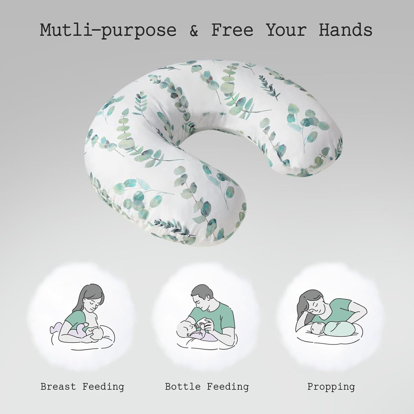 Little Grape Land Nursing Pillow for Infants, Breastfeeding Pillows, Baby Support Pillow for Nursing, Bottle Feeding, Tummy Time with Machine Washable Cover & Breathable Filling (Green Leaves)