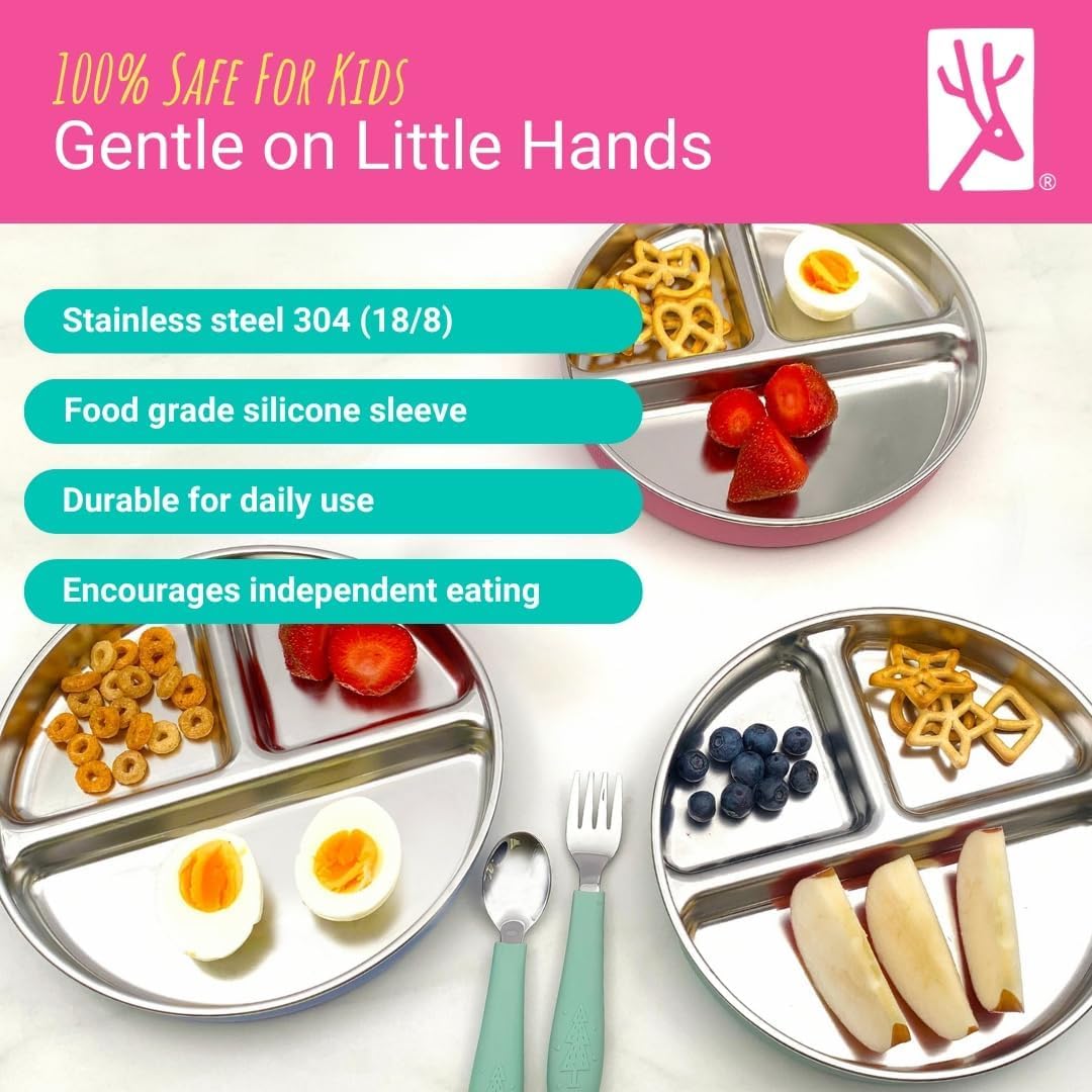 Stainless Steel Divided Plates + Silicone Sleeve and Storage Lid | Baby, Toddler, Kids | Dinner & Snack Plates | 4 Pack