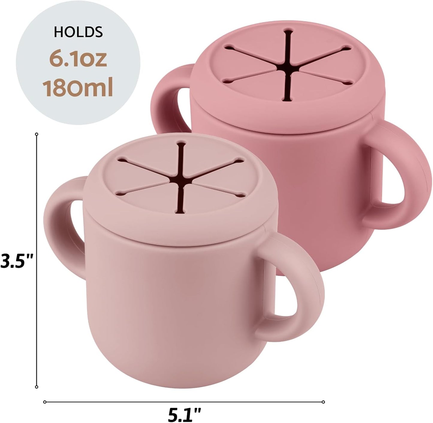 Snack Containers, Silicone Snack Cups for 6-12 Months Toddlers - Pack of 2 Food Grade Silicone Snack Cups with Grip Handle for Baby Led Weaning, Unbreakable (Blush/Mauve)