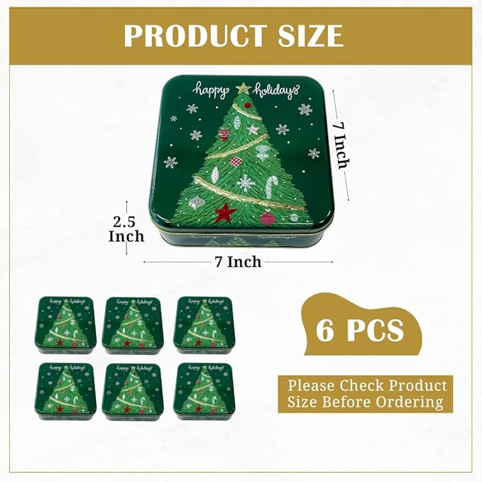 Metal Christmas Cookie Tins with Lids, 6 Pack Green Square Holiday Storage Containers, Durable & Stylish Storage Solution For Gift Giving, Cake, Candy & More
