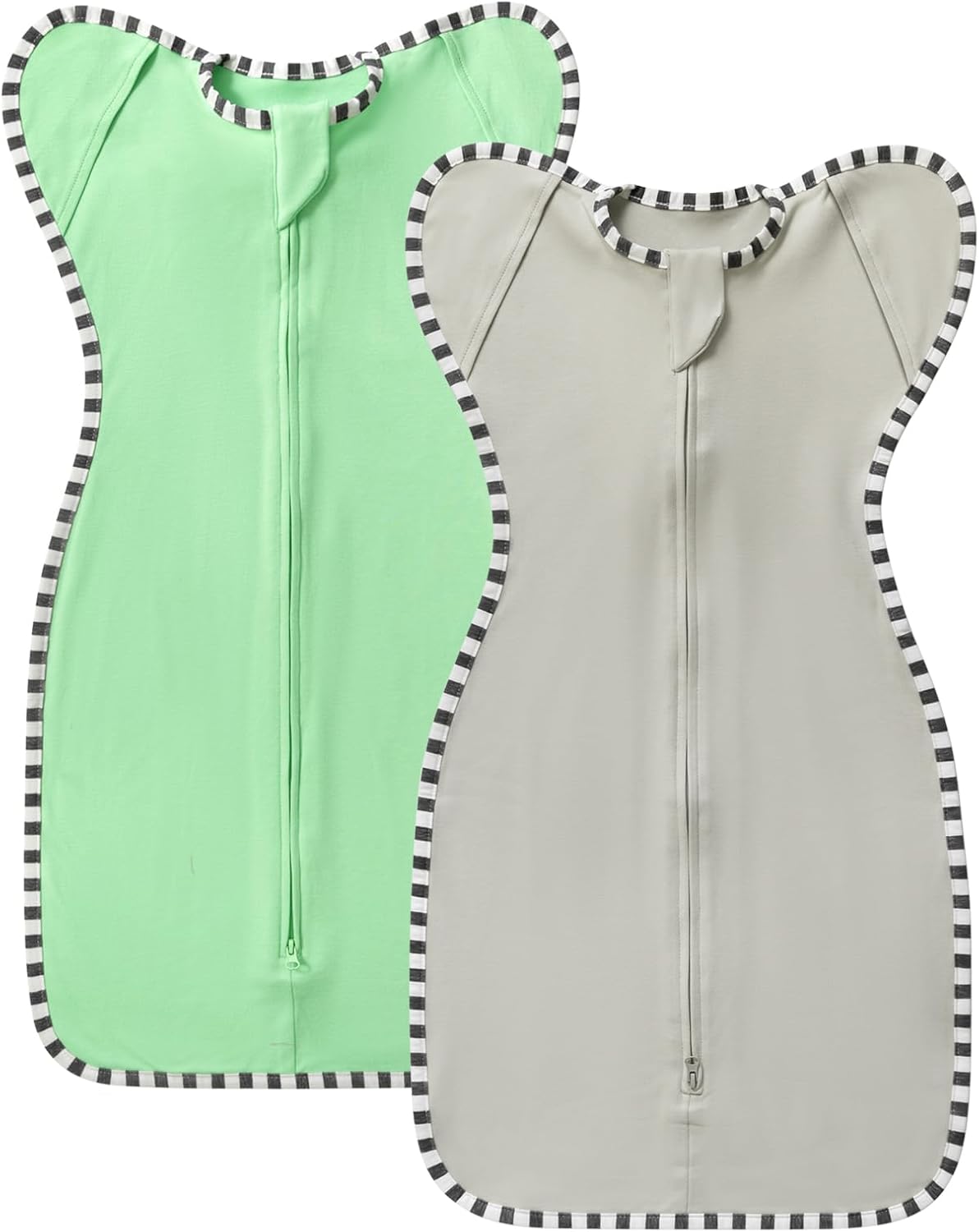 Transition Swaddle, 2 Pack 100% Cotton Baby Sleep Sack, 2-Way Zipper Infant Arm Up Swaddle for Newborn Baby Boys Girls (Green + Grey, S(0-3 Months))
