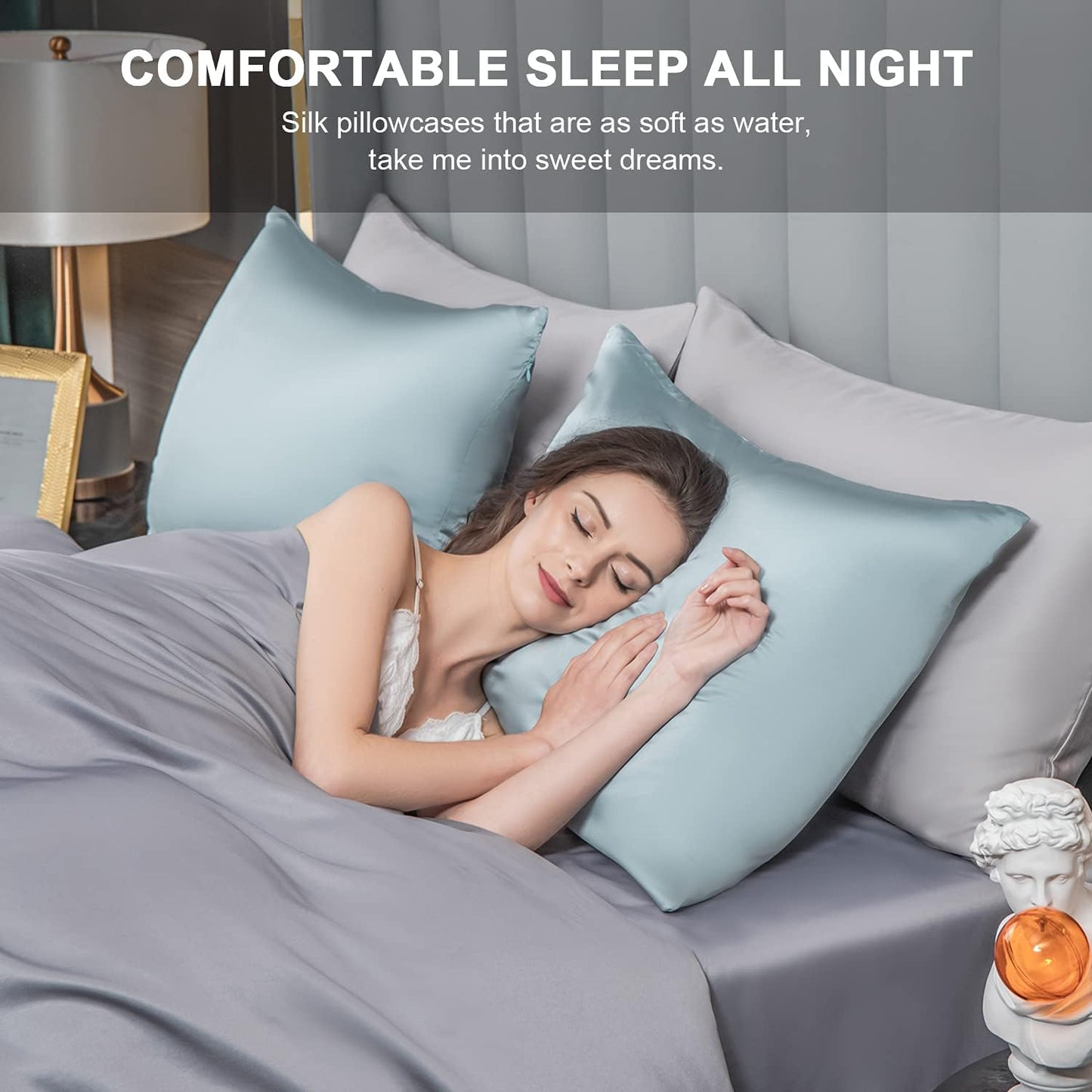 Mulberry Silk Pillowcase for Hair and Skin - Cooling Silk Pillow Case with Hidden Zipper, Allergen Proof Dual Sides Soft Breathable Smooth Silk Pillow Cover for Women (Aqua Blue)