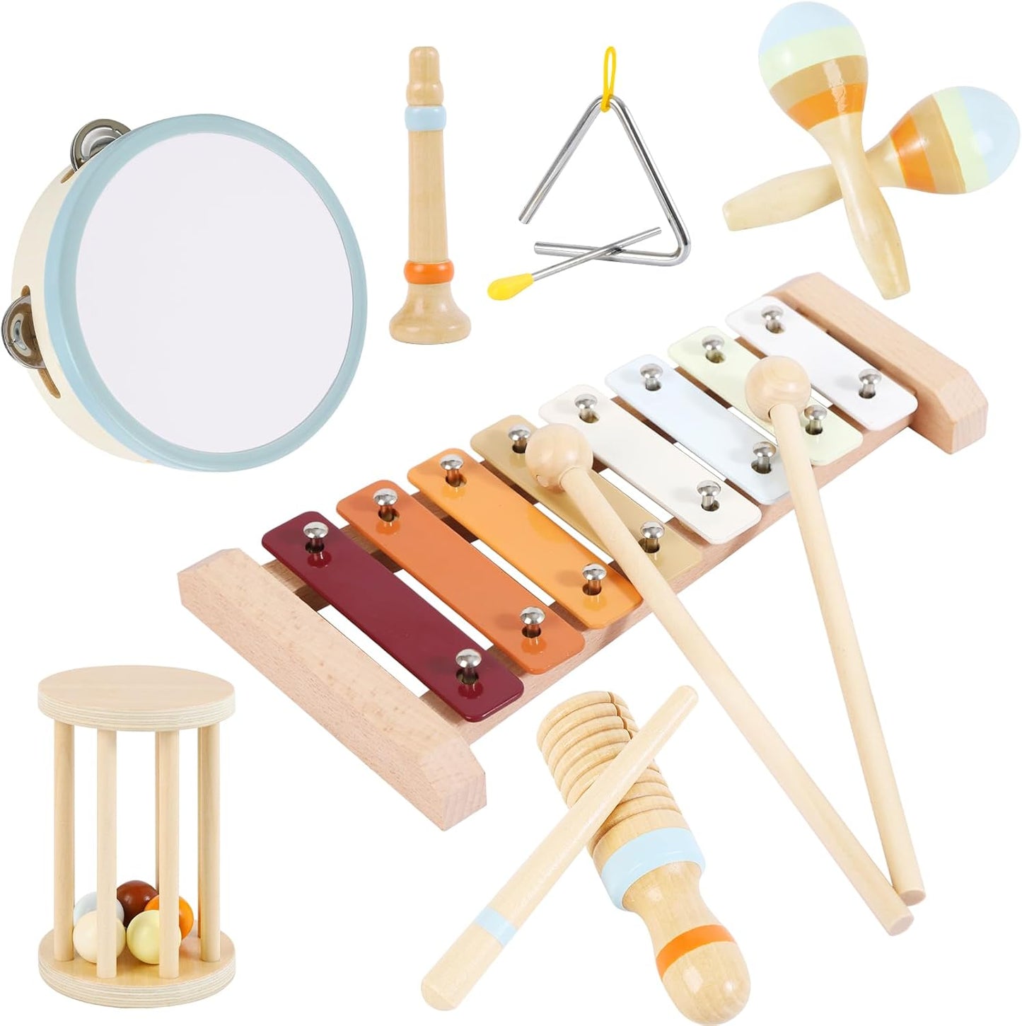 Baby Musical Instruments Neutral Colors Percussion Instruments Set Montessori Wooden Toys for Toddlers 1-3 with Xylophone for Kids Preschool Educational 3+ Wood Musical Toy 8pcs