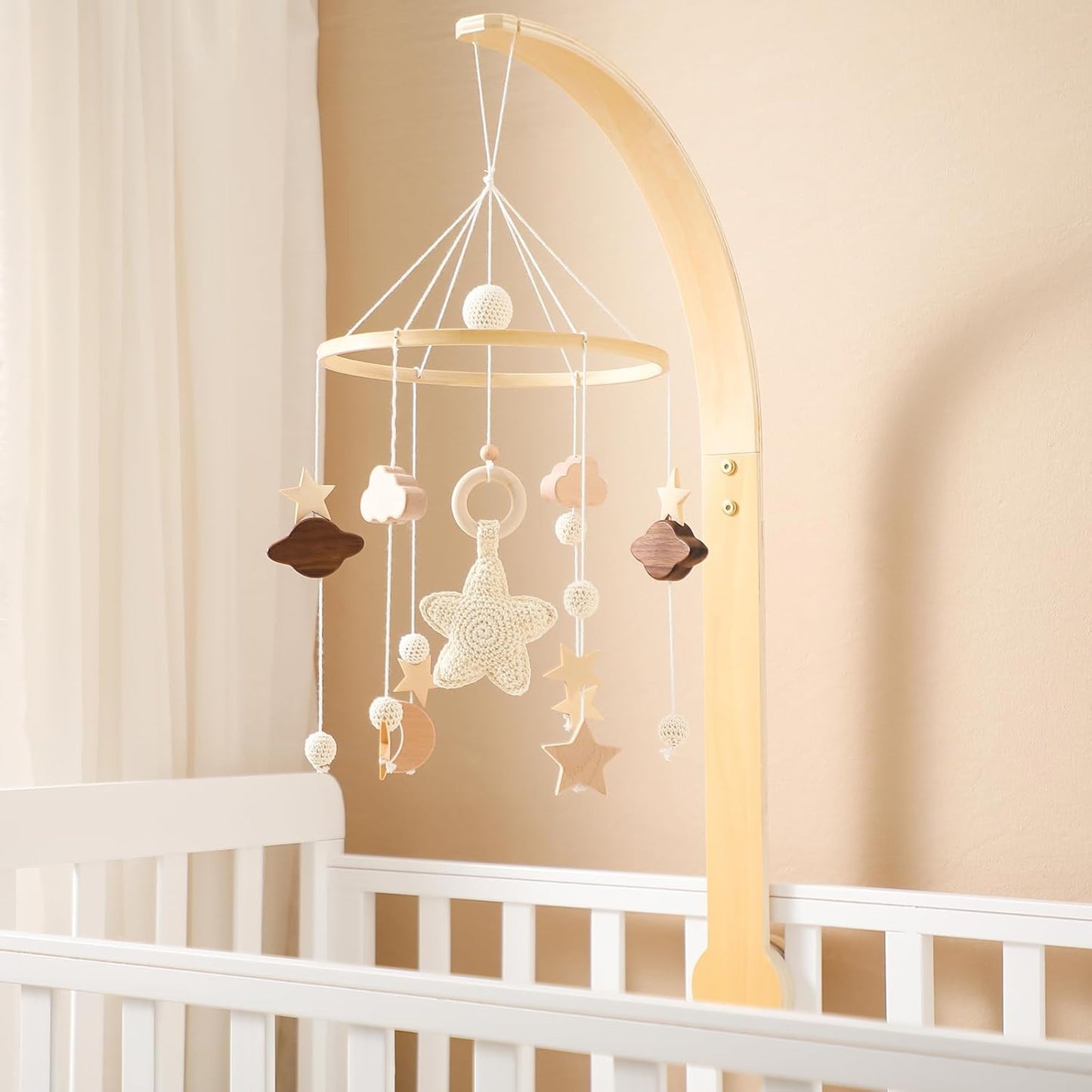 Baby Crib Mobile with Arm Boho Star Moon Nursery Mobile Set Wooden Baby Mobile Holder for Hanging Nursery Decor Ceiling Mobile