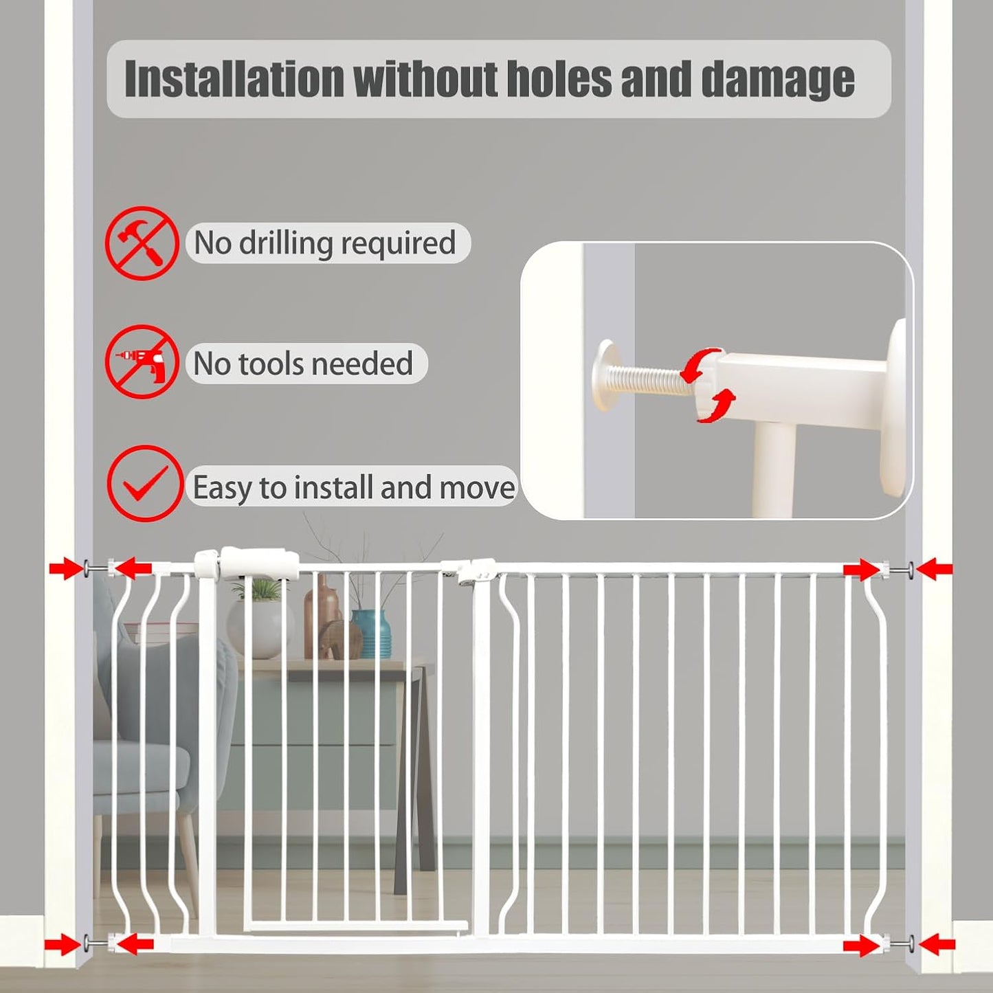 Auto Close Baby & Dog Gate 34-38.5 Inch, Tension Safety Gate Indoor, White Metal, Walk-Through Child Gate for Kids & Pets