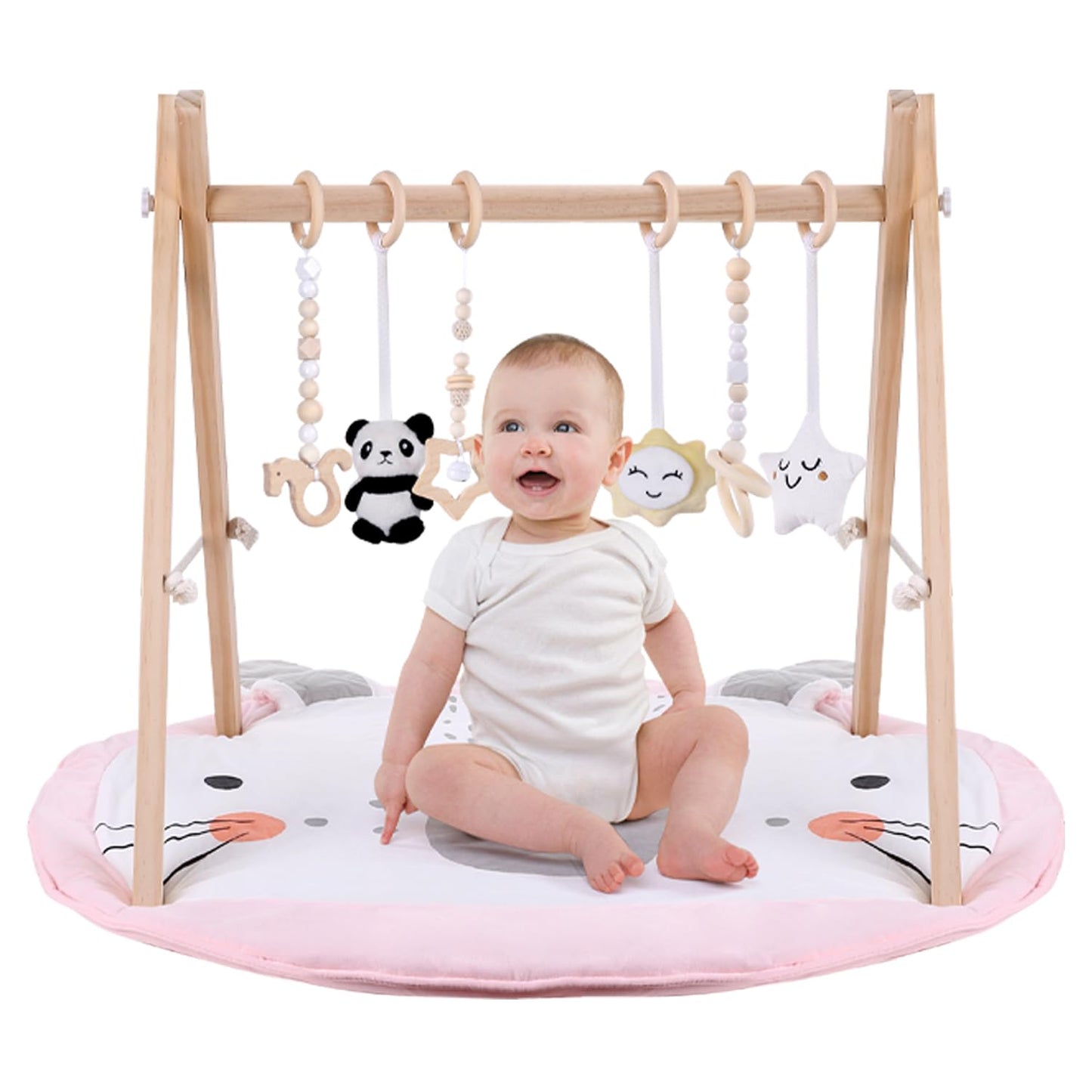 Wooden Play Gym with Mat, Foldable Baby Activity Gyms for Infants Newborn Baby Girl and Boy, Tummy Time Baby Infant Toys 0-6 6-12 Months (Rabbit)