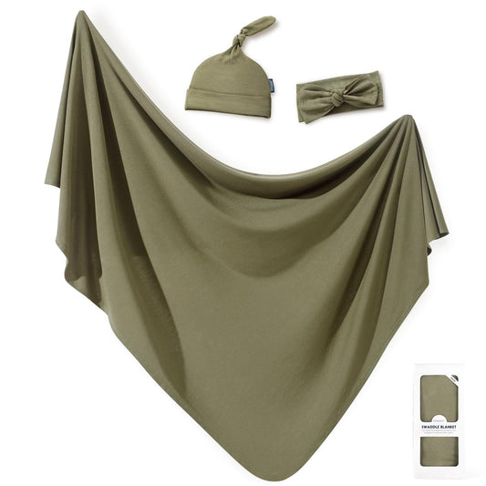 GRSSDER Newborn Swaddle Blanket, Ultra Soft Jersey Receiving Blanket with Matching Headband and Beanie Set 33×44", Stretchy Baby Neutral Swaddle Wrap for Girls and Boys