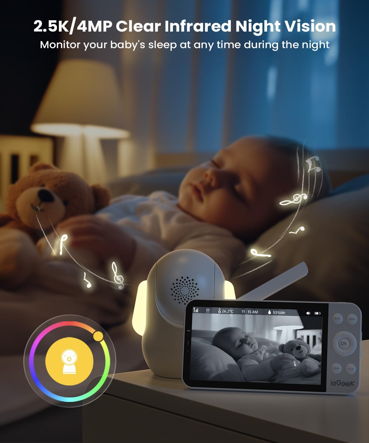 ieGeek 5.5" Baby Monitor,Audio Monitor with 2.5K Ultra HD 2.4G&5Ghz WiFi Camera,Night Light,Face Covering&Cry Detection,Two-Way Talk,Night Vision,Temp&Humidity Sensor,4000mAh Battery,App Control