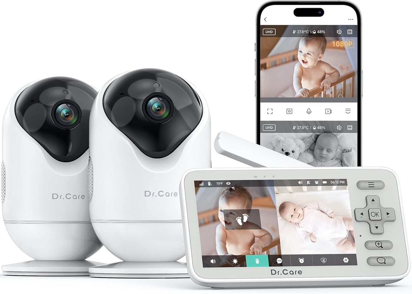 VistaView Lite Smart WiFi Baby Monitor with 2 Cameras- 4” 720P Split Screen & 1080P Camera App Control, Motion Alerts, Night Vision, 3000mAh Battery, 2-Way Talk, Triple Security, 1000ft Range
