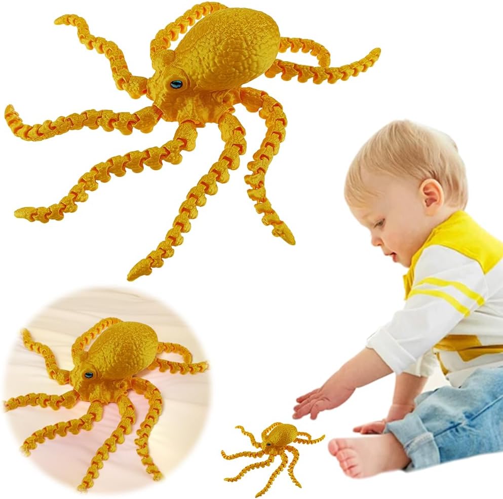3D Printed Octopus Animals Toy Articulated Octopus Fidget Toy 3D Printed Gift Creative Ornament Articulated Octopus Toys Home Decor (Gold)