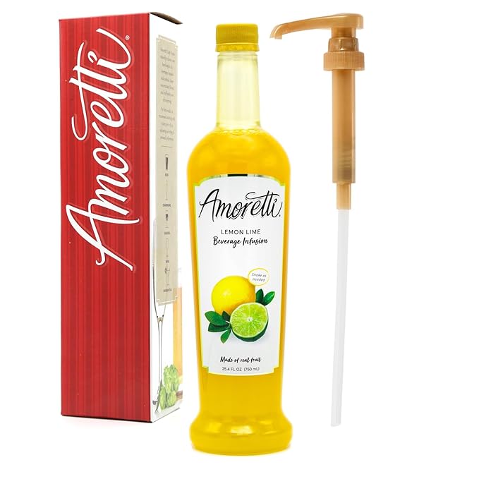 Amoretti - Lemon Lime Beverage Infusion, 94 Servings Per Bottle (750 ml) - Drink Mix & Water Enhancer with Pump for Flavoring Cocktails, Waters, Teas, and other Beverages, Preservative Free