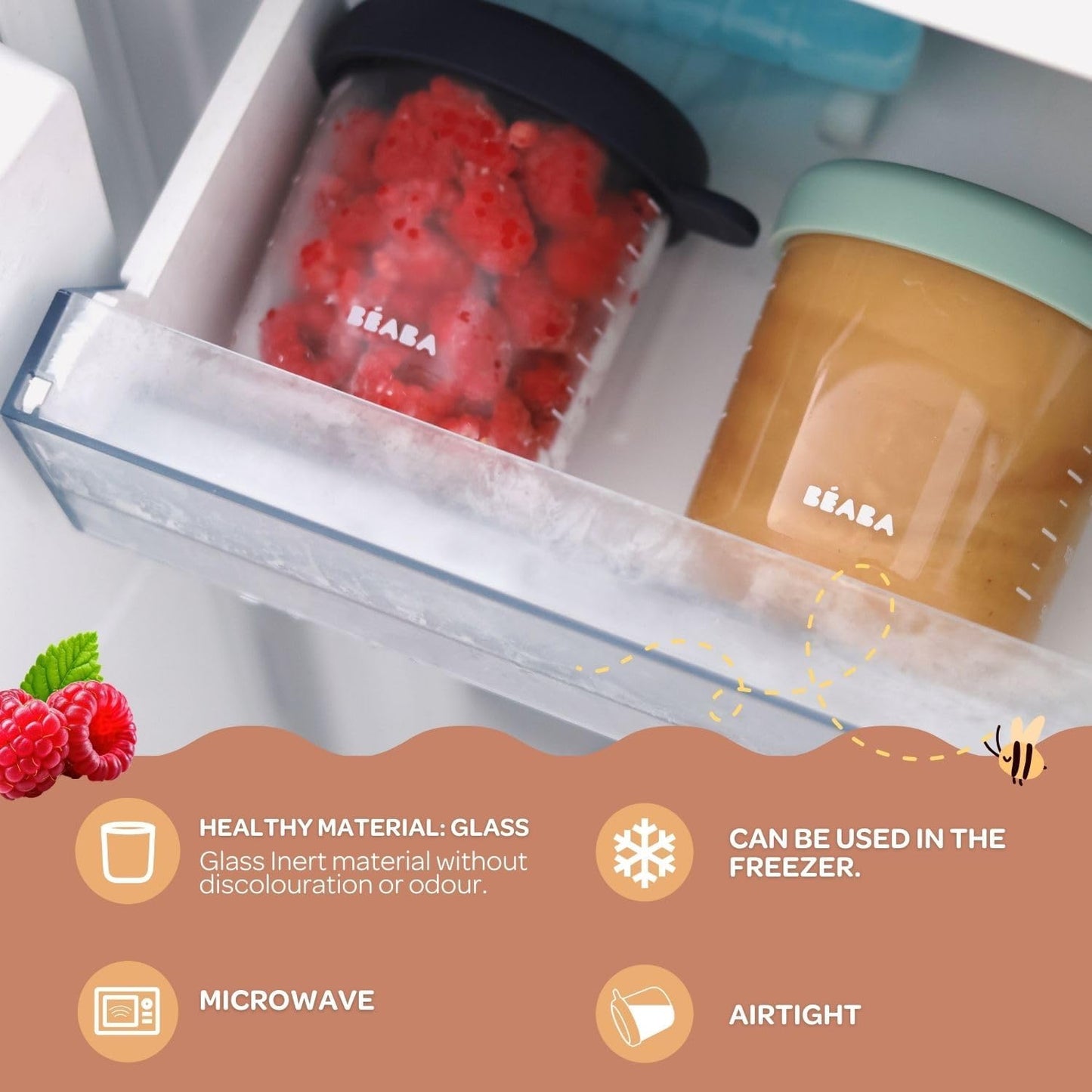 BEABA 2 Pack Glass Baby Food Jars with Soft Silicone Air Tight Lids, 8 oz Glass Storage Containers with Lids, Microwave and Freezer Safe Containers, Midnight