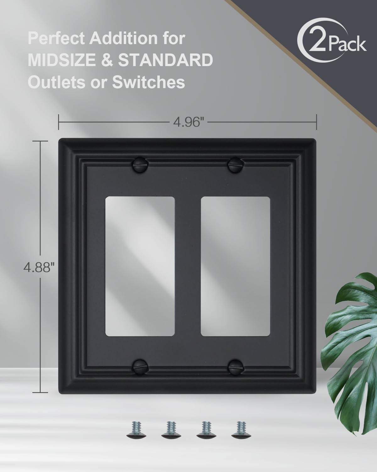 2-Pack Double Decorator Outlet Covers, Decorative Black Wall Plates, Metal Face Plates for Receptacle, GFCI Outlet, Dimmer Switch, 4.96''*4.88'', Midsize