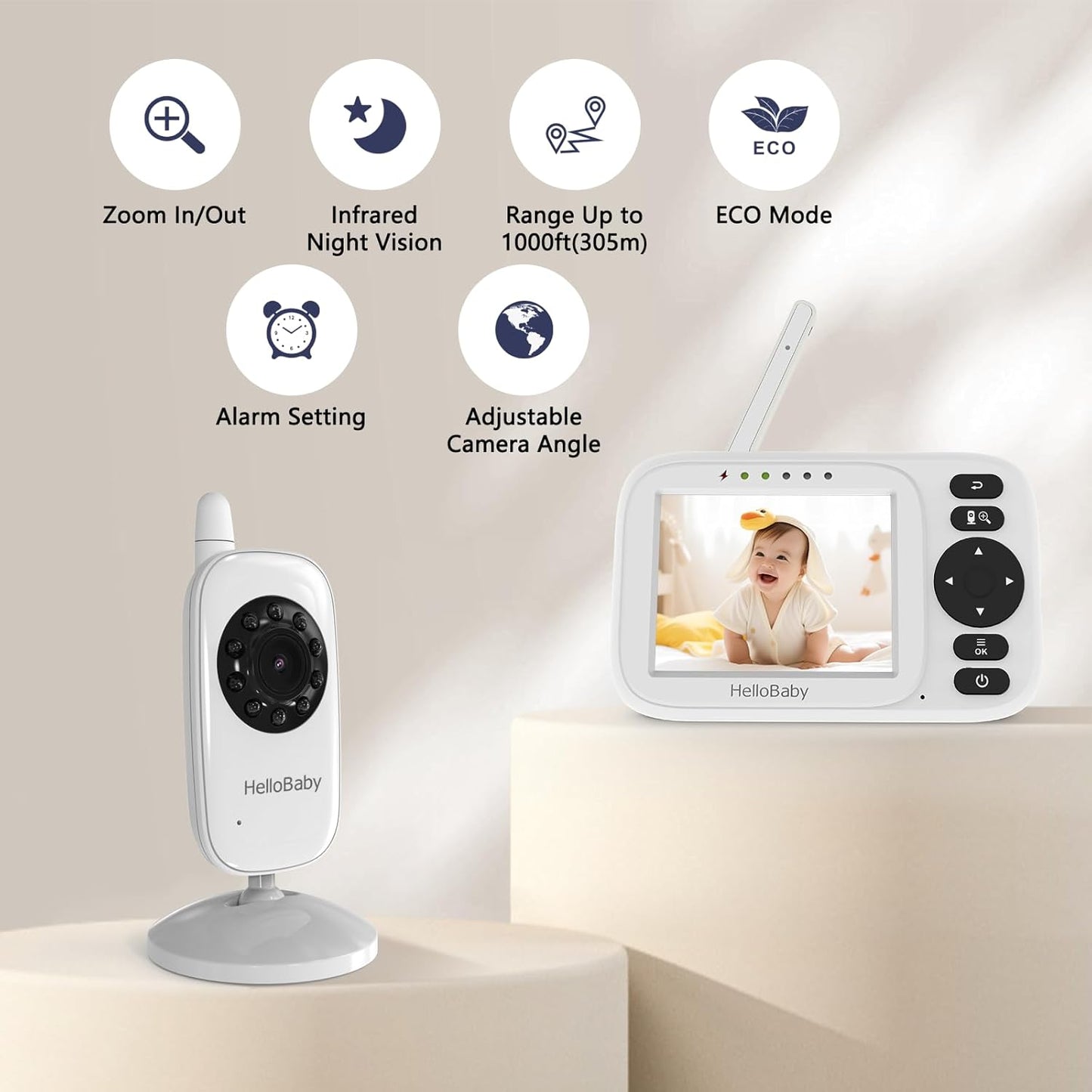 HelloBaby Baby Monitor No WiFi, Video Baby Monitor with Camera and Audio, 3.2'' IPS Screen, Pan-Tilt-Zoom Camera, Night Vision, 1000ft Range, USB Charger