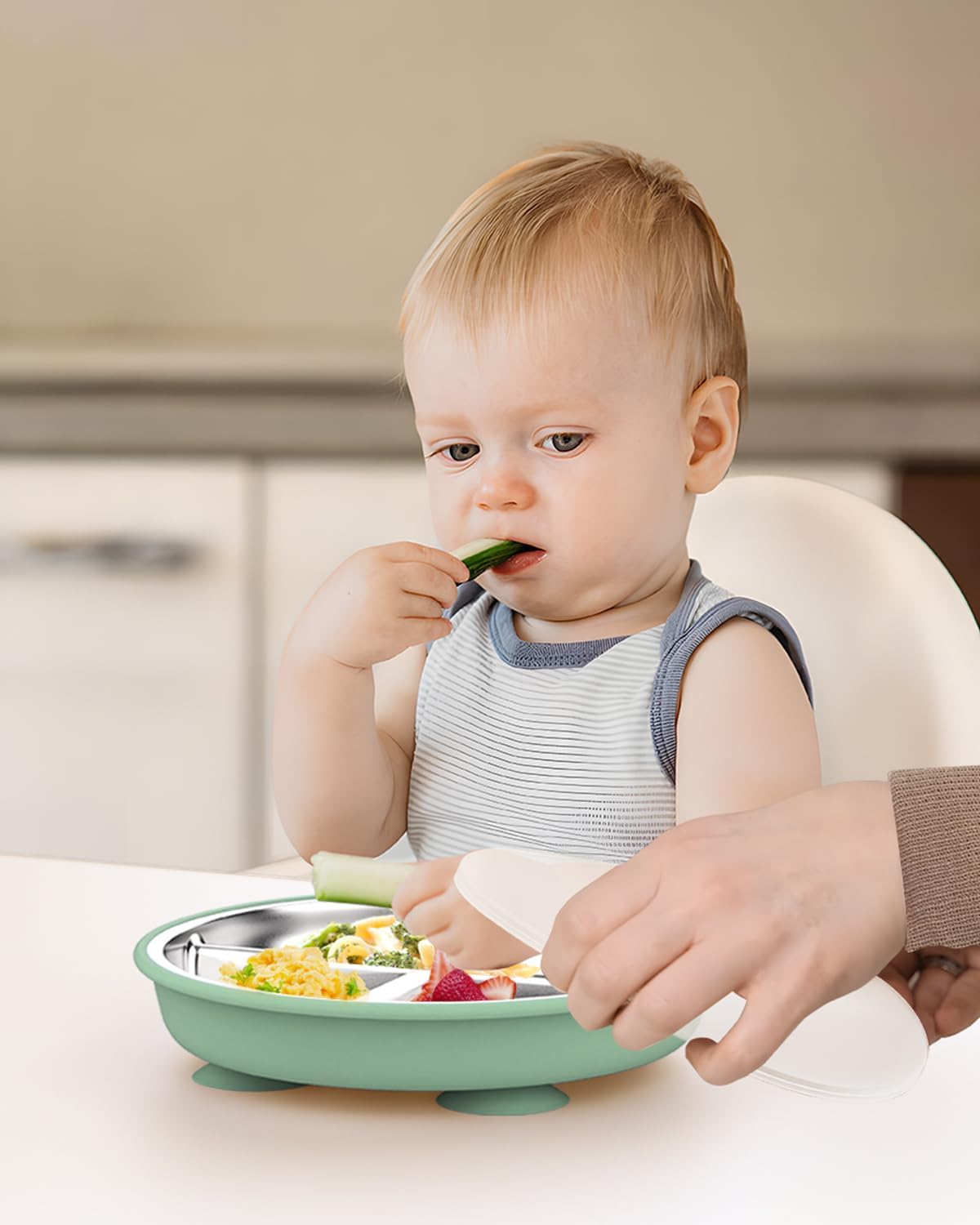 Stainless Steel Toddler Suction Plate with Lid, Deeper 9" Divided Plates with Removable Silicone Sleeves for Kids, Non Toxic & BPA Free | Unbreakable Baby Snack Dishes Set of 2, Green & Purple