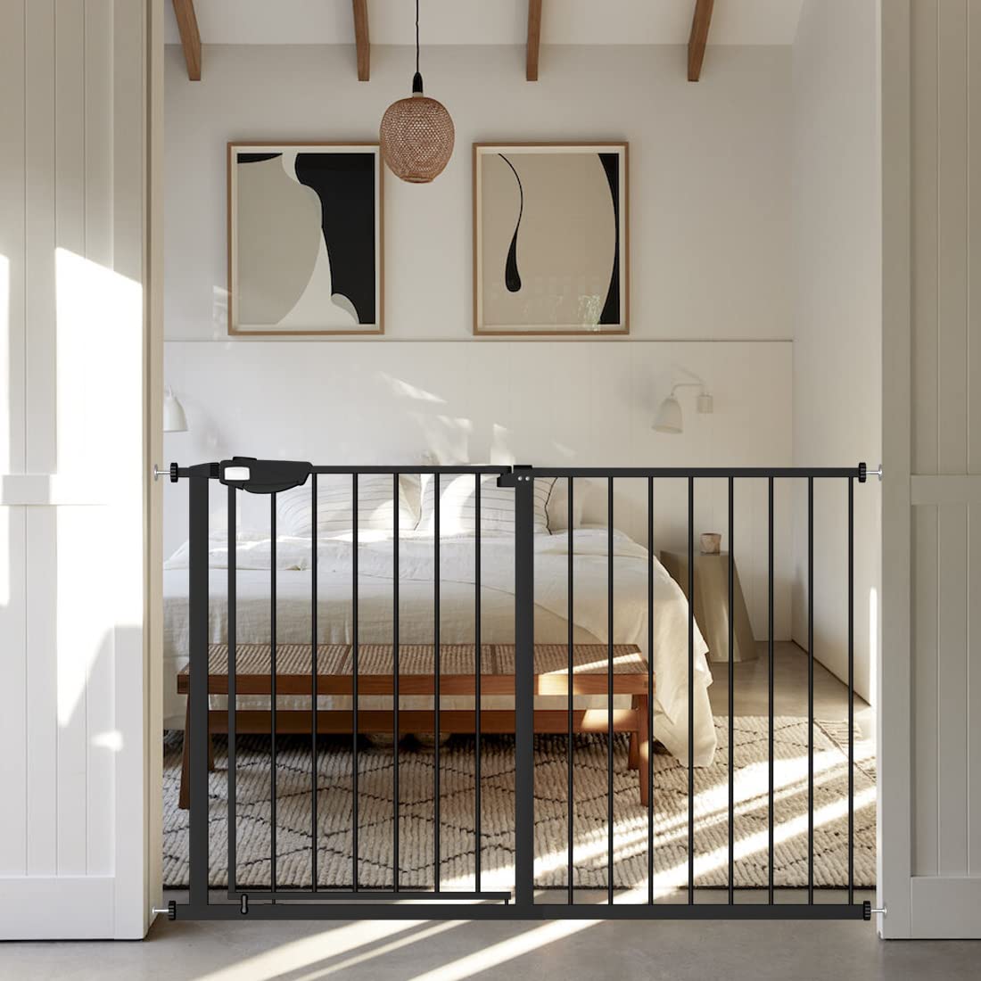 WAOWAO Triple Lock Baby Gate Extra Wide 49.21-53.14" Pressure Mounted Walk Through Swing Auto Close Safety Black Metal Dog Pet Puppy for Stairs,Doorways,Kitchen