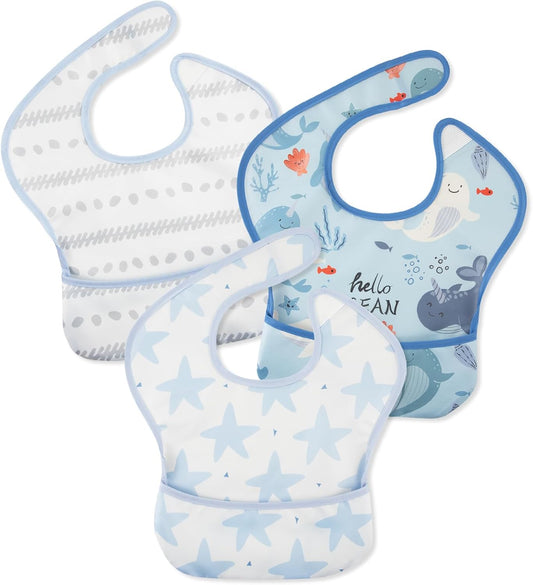 Mess Proof Baby Bib 3 Pack, Waterproof Led Weaning Baby Feeding Bibs with Food Catcher, Travel Feeding Bibs