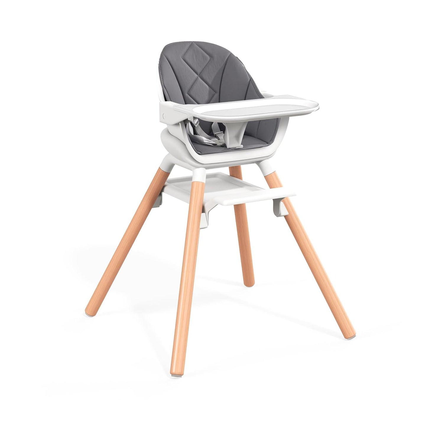 Baby High Chair, Highchair for Baby & Toddler, Easy Clean Infant Highchair, 6 in 1 Feeding High Chair with Removable Double Tray and Waterproof PU Cushion, Wooden Legs, Grey