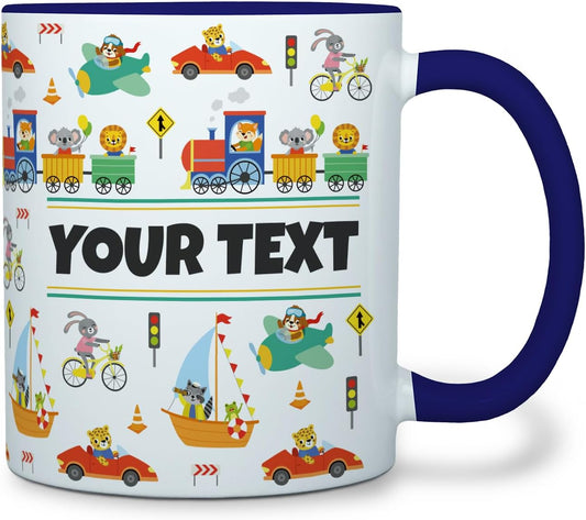 Personalized Mug for Kids - Vehicles - Custom Name/Text, Ceramic Hot Chocolate/Cocoa/Coffee Cup for Boys, Birthday/Christmas/Holiday Gift - 11 oz, Navy Blue Handle