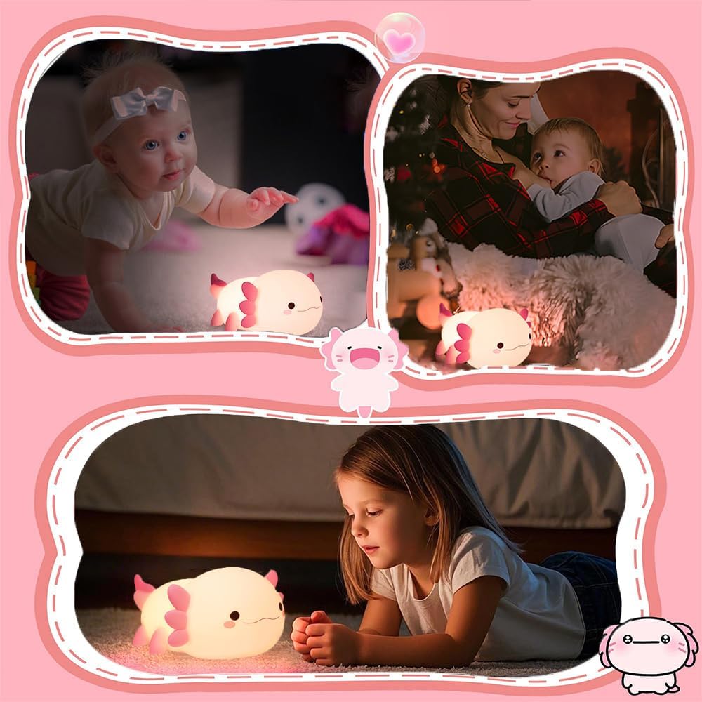 Cute Axolotl Night Light for Kids Bedroom, Animal Silicone Nursery Night Lamp Touch Control Nightlights USB Rechargeable Bedside Lamp for Baby Children Toddlers Girls Gift (pink Axolotl 1)