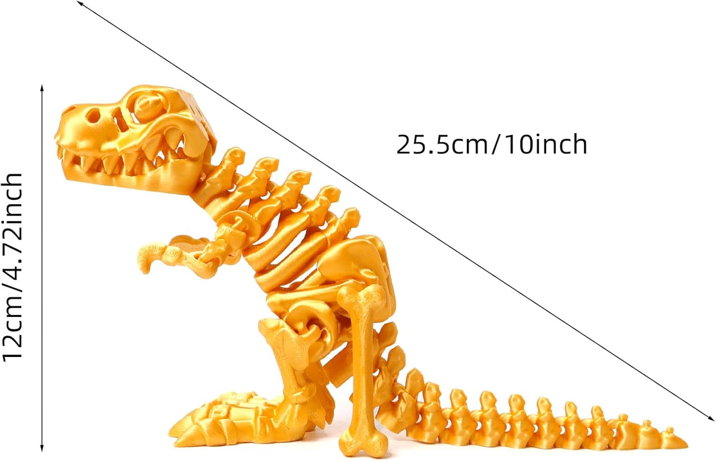 Flavery 3D Printed Dinosaur with Bones - 10 inch Flexible T-Rex Skeleton with Bones, 3D Fidget Toy, Birthday Gift, Dragon Collection, Desk Executive Toy - Gold