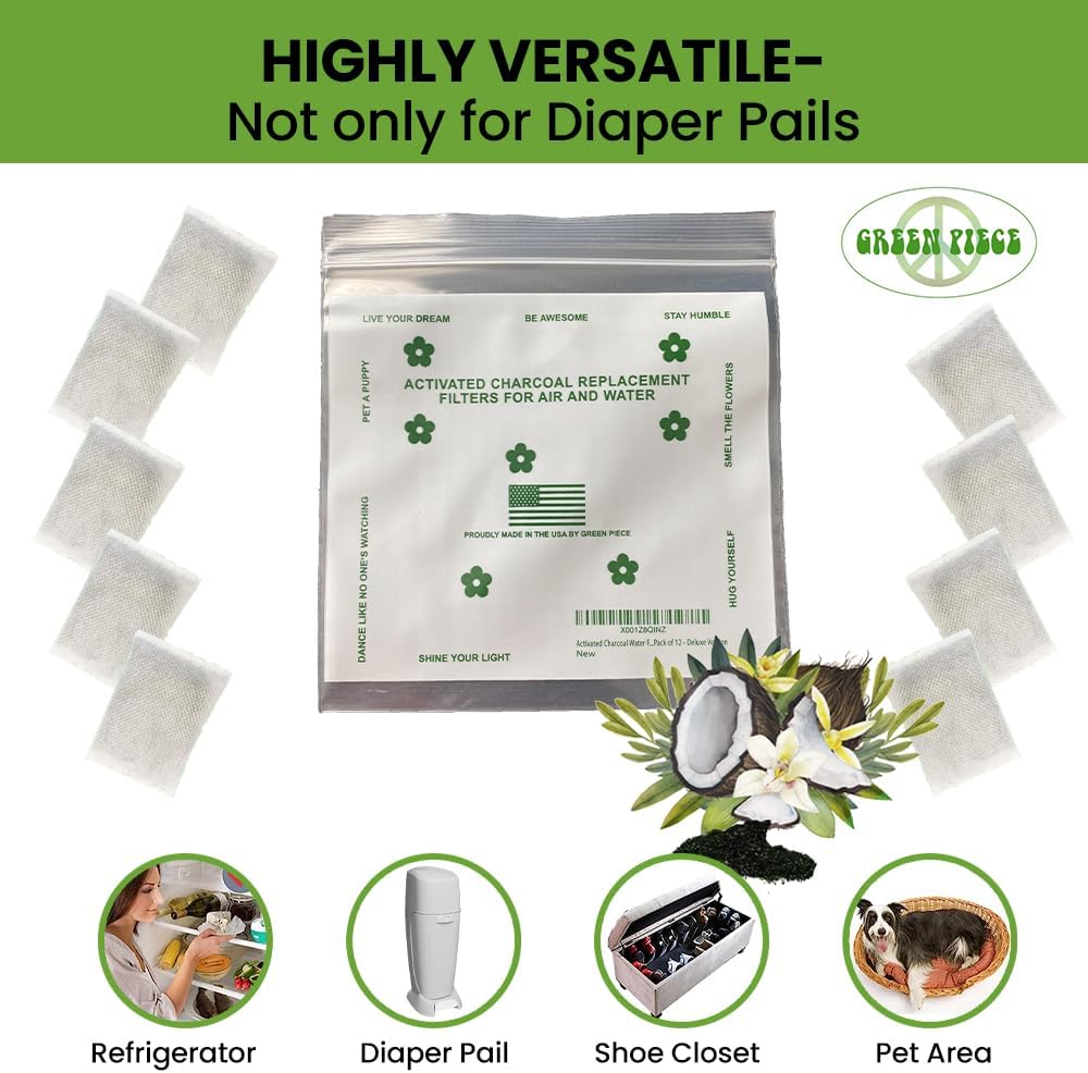 Green Piece® All-Natural Baby Diaper Pail Deodorizer - Pack of 36 - Activated Charcoal - Compatible with Diaper Pails, Shoe Closets - Made by Green Piece Mfg