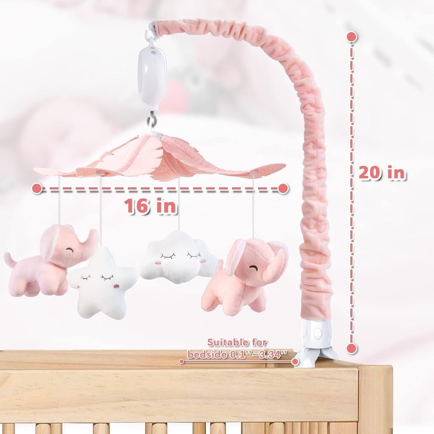 FEISIKE Crib Mobile for Girls Baby Mobiles with 3 Modes Digital Music Box（Turn Only, Music Only, Turn & Music, 35 Lullabies, Pink Elephant Nursery Mobile, Clamp Type, Pretty Box Packaging
