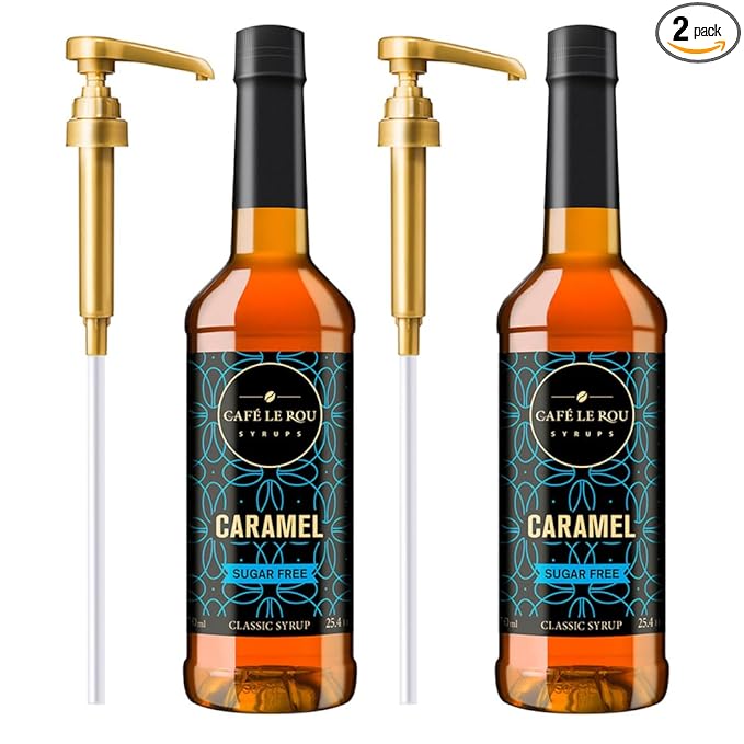 "NEW" Café Le Rou Coffee Syrup Sugar Free Caramel, 25.4oz (Pack of 2)*Includes 2 Coffee Syrup Pumps*Cafe Coffee Flavoring Syrup for Coffee, Tea, and Espresso