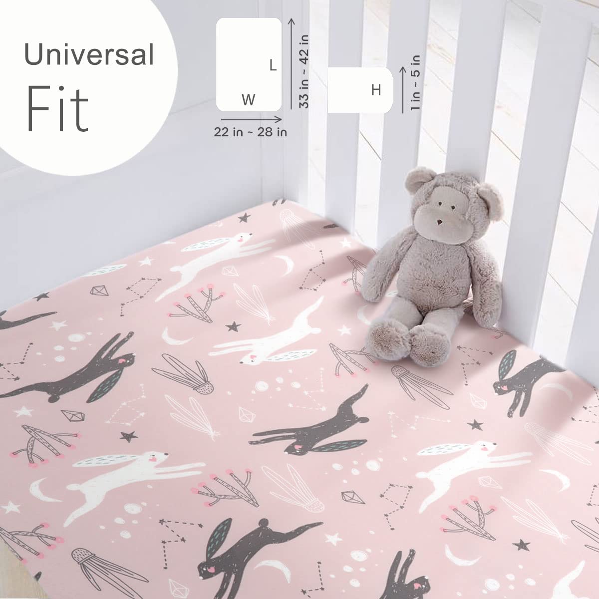 GRSSDER Stretchy Ultra Soft Jersey Knit Pack n Play Sheets Set 2 Pack, Portable/Mini Cribs Playard Sheets, Cute Foxes and Rabbits for Baby Girls and Boys