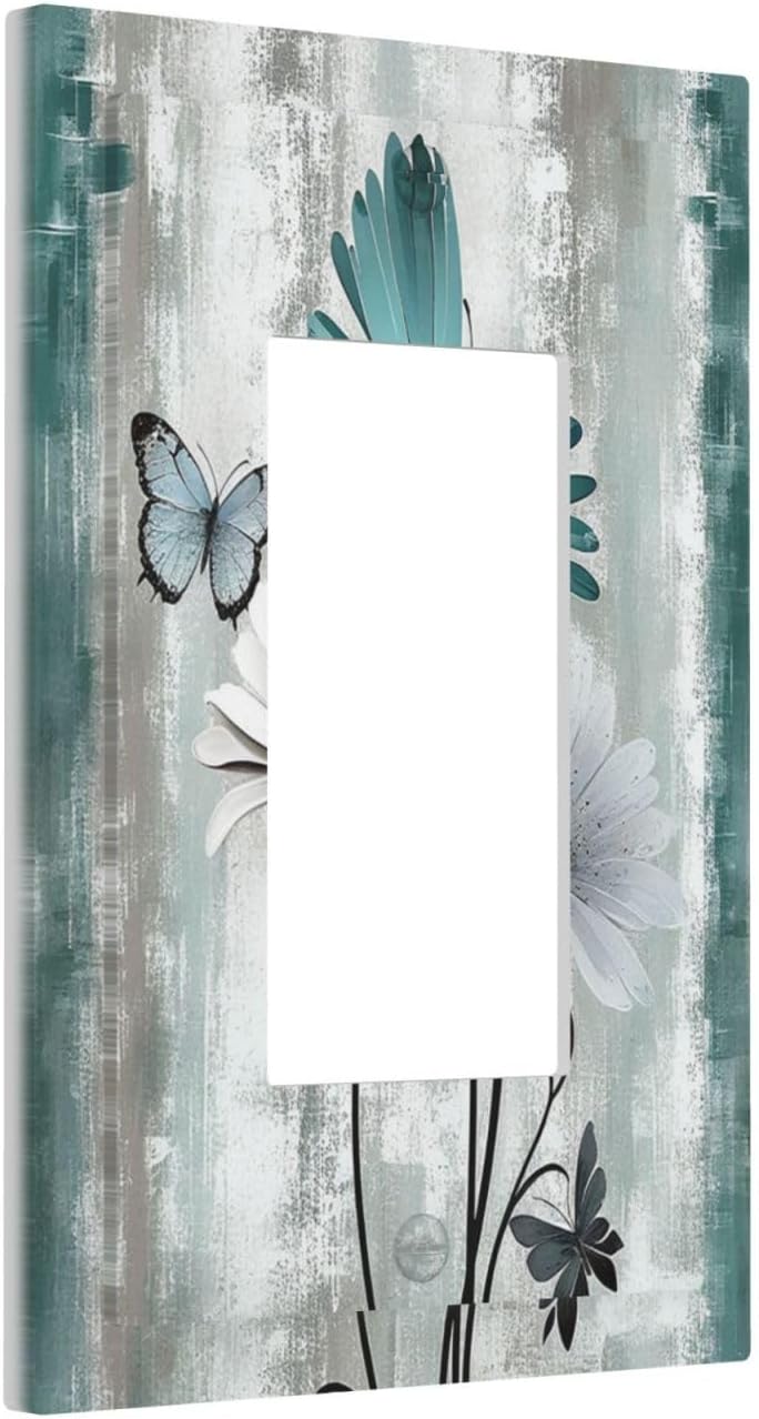 Decorative Outlet Covers Rustic Teal Daisy Floral Flowers Butterfly Wood Grain 1 Gang Single Rocker Light Switch Cover Plate Wall Plates GFCI Faceplate for Bathroom Bedroom Decor