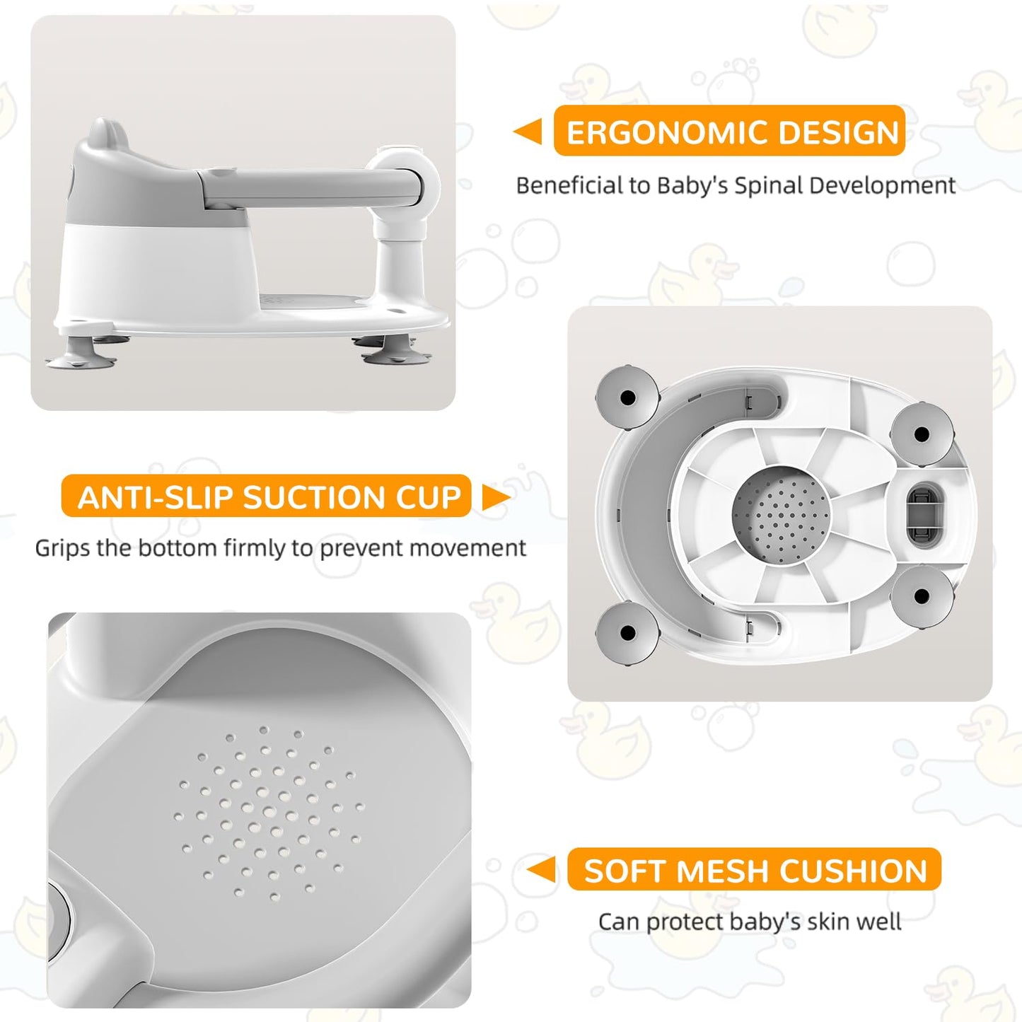 Baby Bath Seat for Babies 6 Months & up, Non-Slip Toddler Bath Seats for Babies Sitting Up, Safe Infant & Newborn Bathtub Chair with 4 Suction Cups & Soft Cushion for Shower,Gray
